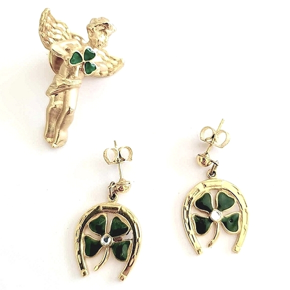 AVON Vintage Irish Shamrock & Angel Brooch Earrings Set - Picture 3 of 9